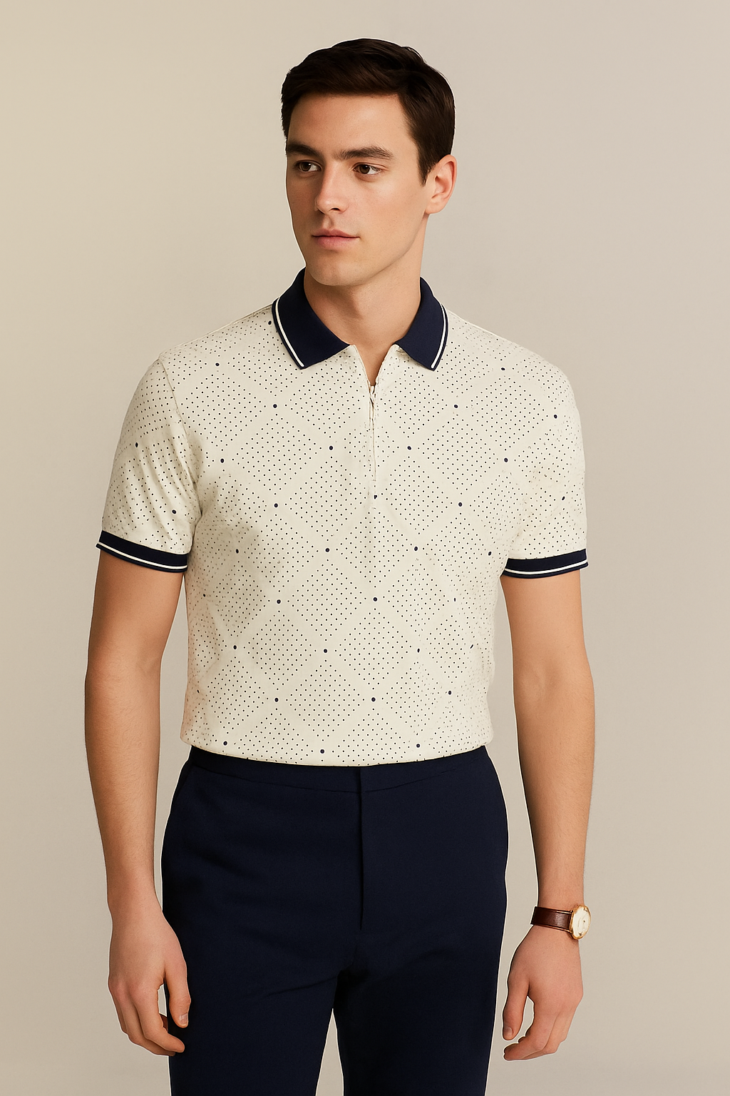 Polo Shirt - Navy POLKA Dot Printed KISWAH RETAILS