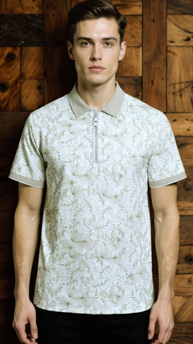 Polo Shirt - Beige Tropical Print KISWAH RETAILS