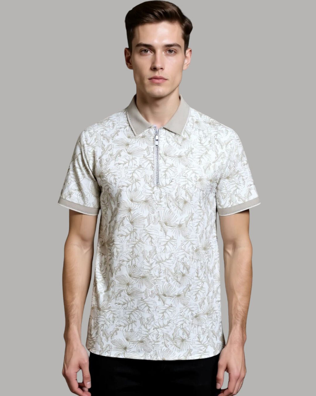 Polo Shirt - Beige Tropical Print KISWAH RETAILS