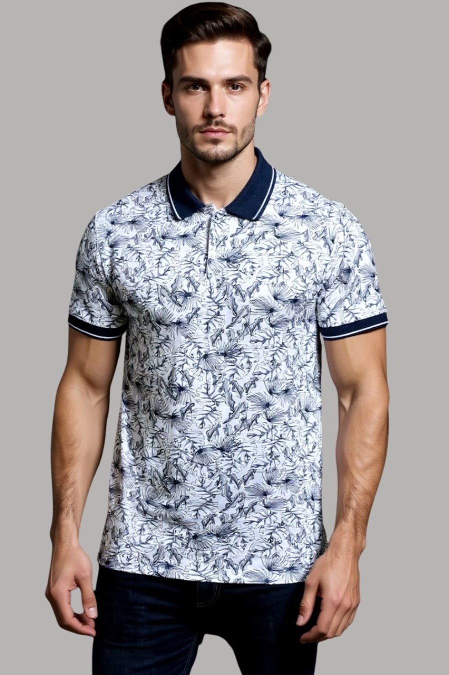 Polo Shirt - Blue Tropical Print KISWAH RETAILS