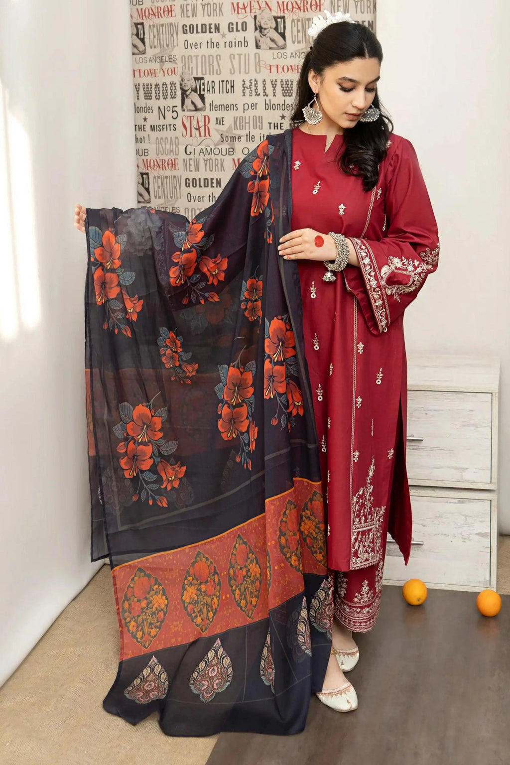 3 Pieces - Embroidered Cotton Suit - Red KISWAH RETAILS