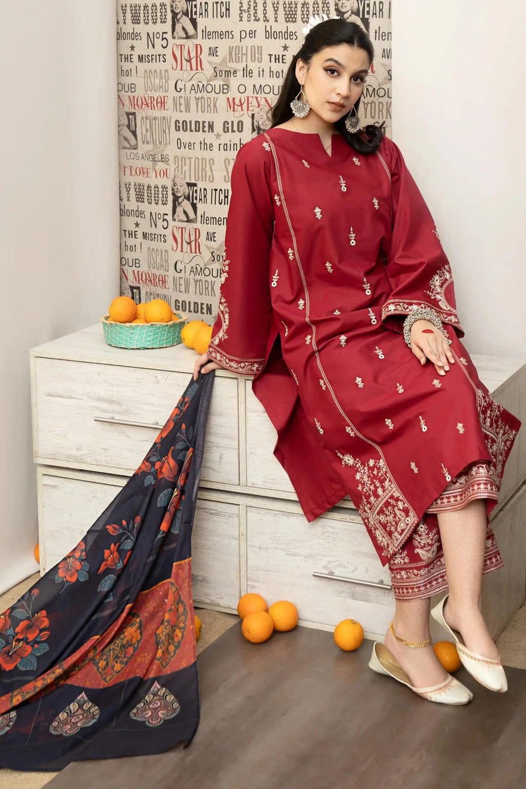 3 Pieces - Embroidered Cotton Suit - Red KISWAH RETAILS