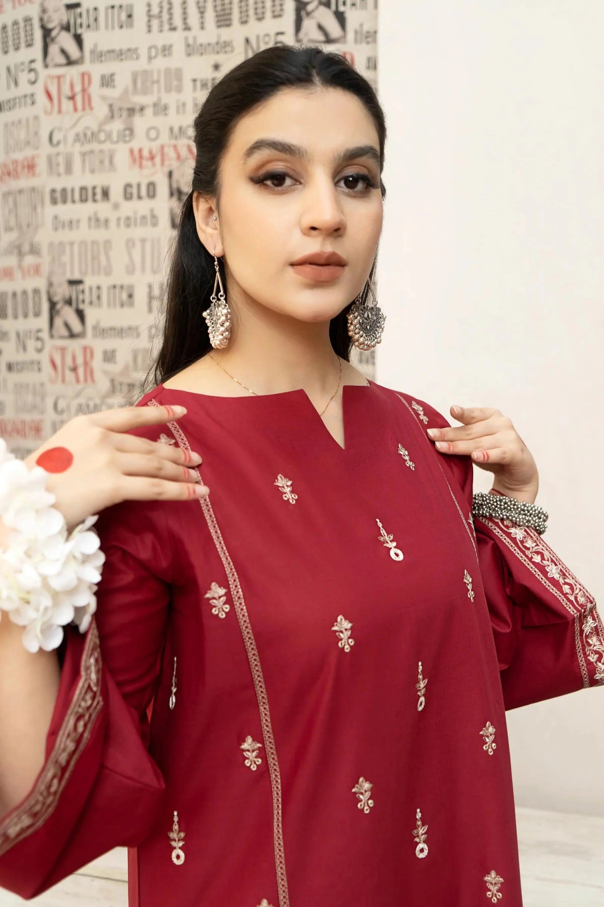 3 Pieces - Embroidered Cotton Suit - Red KISWAH RETAILS