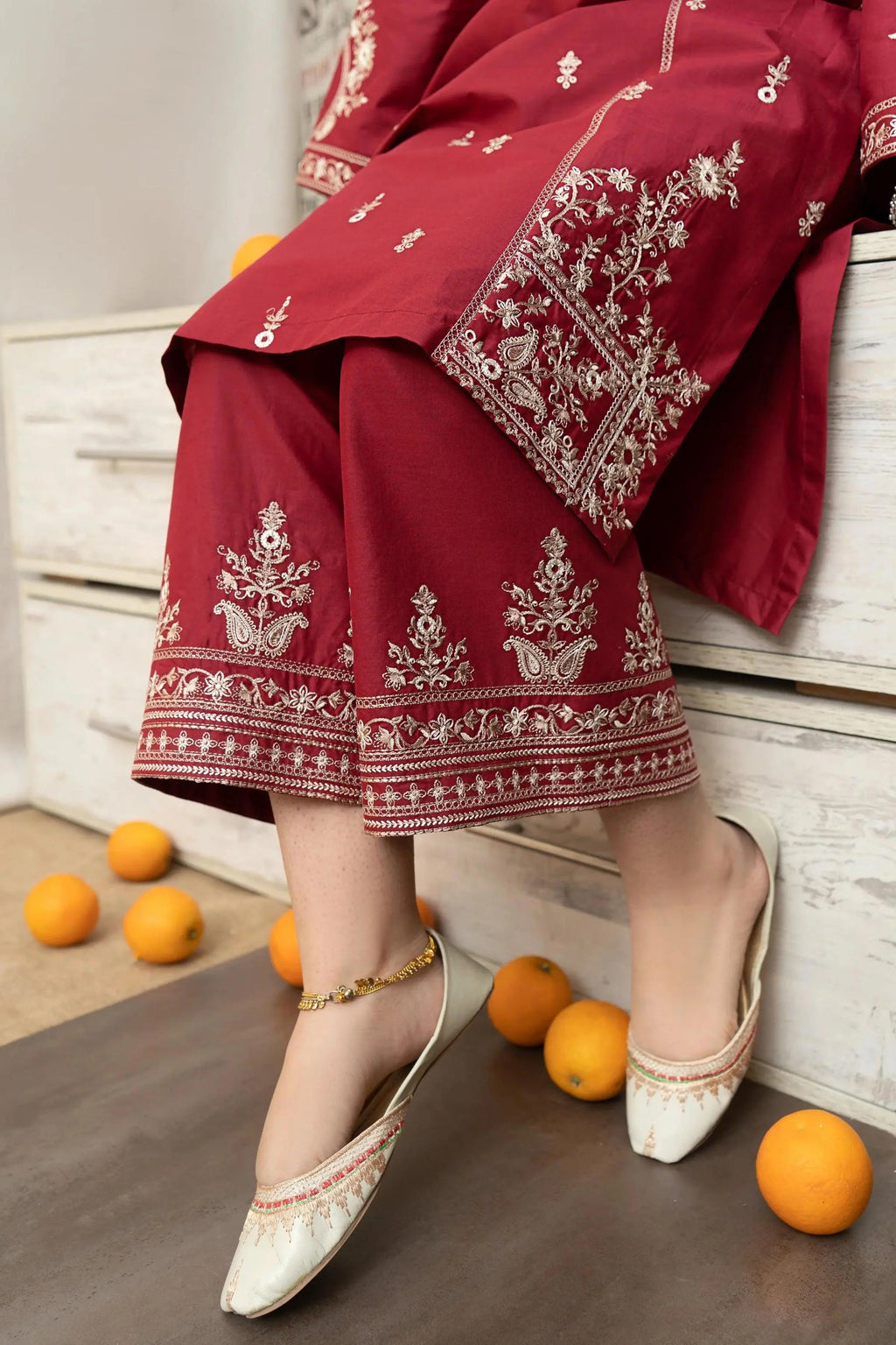 3 Pieces - Embroidered Cotton Suit - Red KISWAH RETAILS