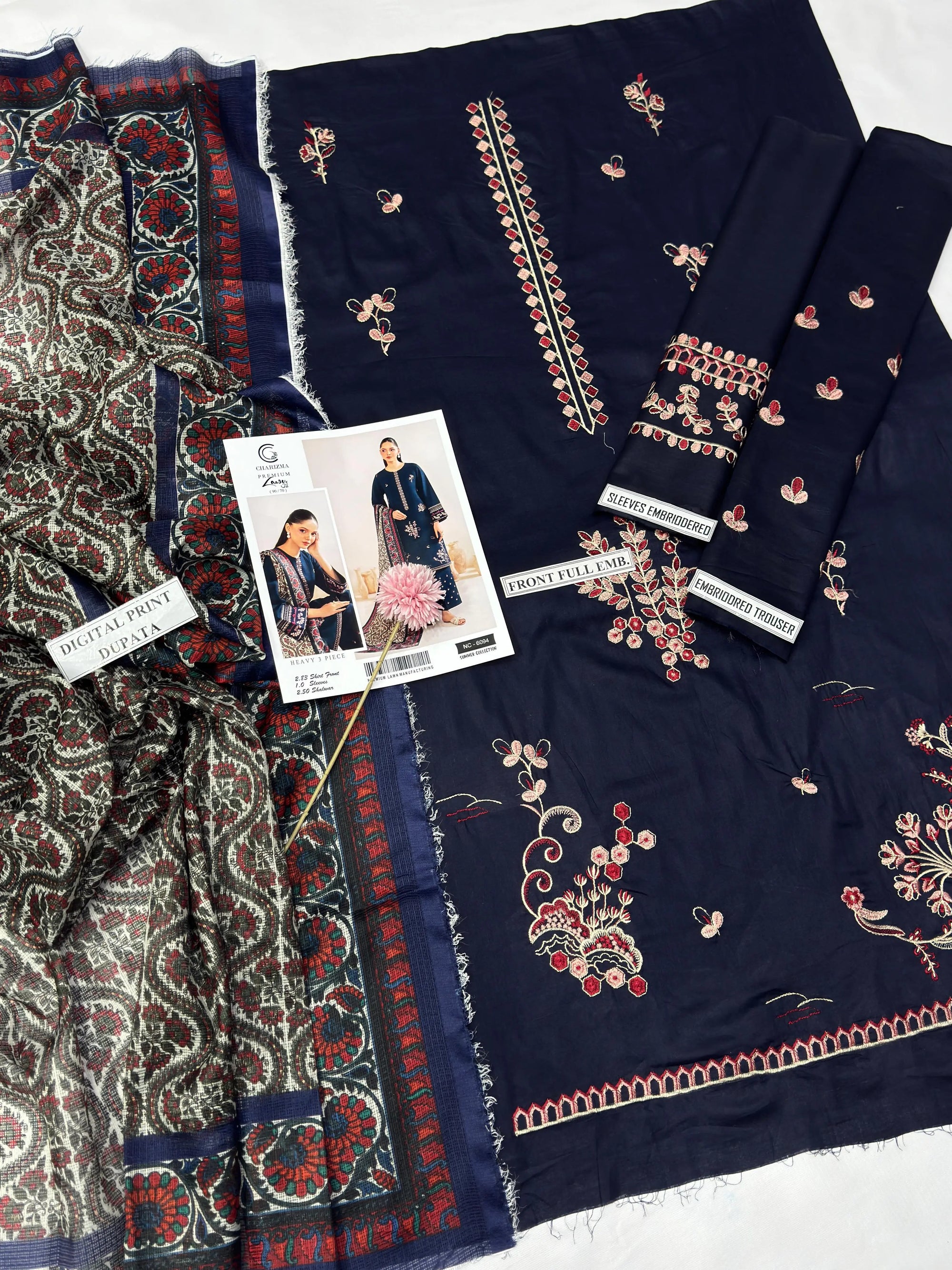 3 Piece - Embroidered Lawn Suit - Navy KISWAH RETAILS