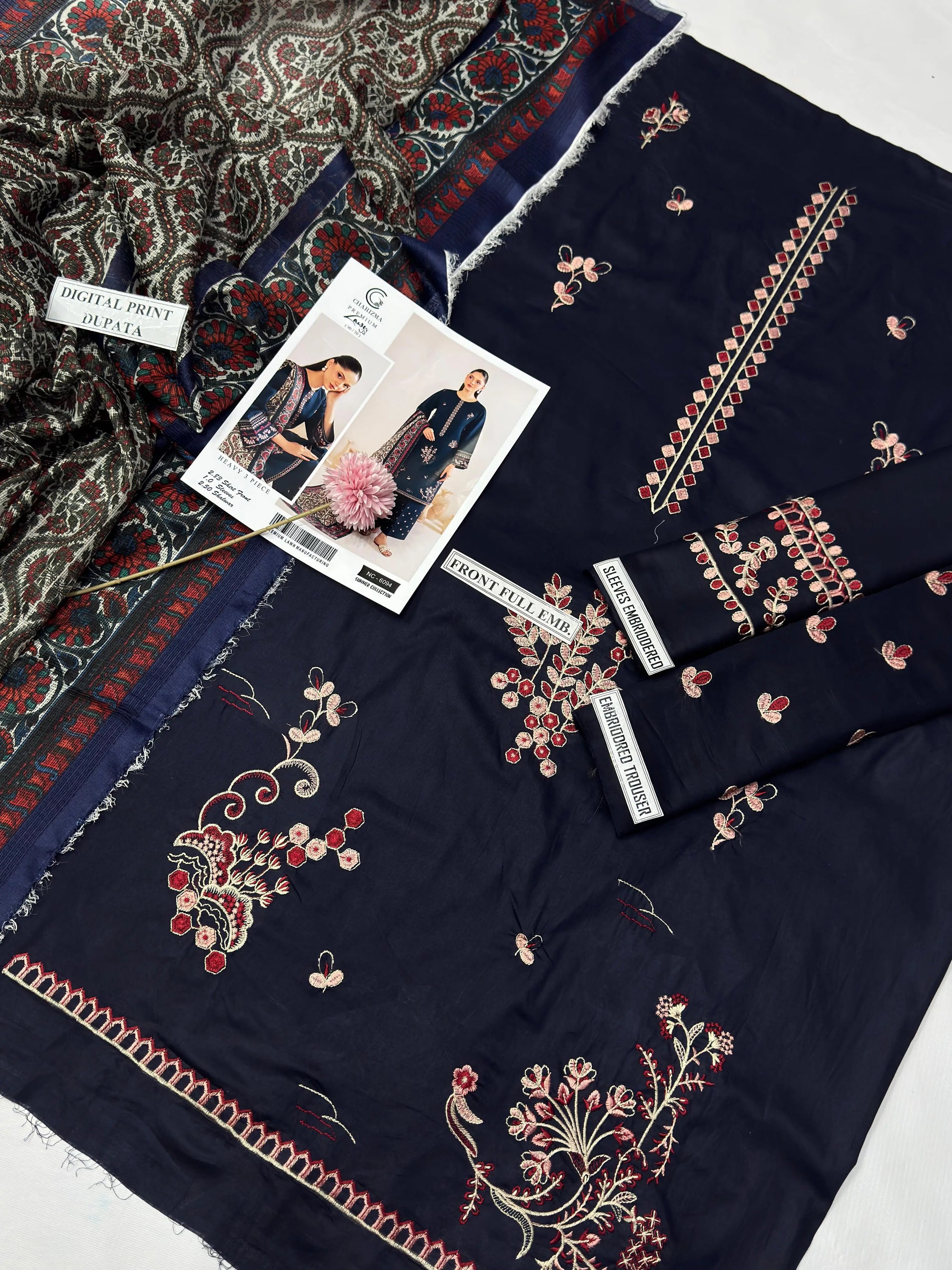 3 Piece - Embroidered Lawn Suit - Navy KISWAH RETAILS