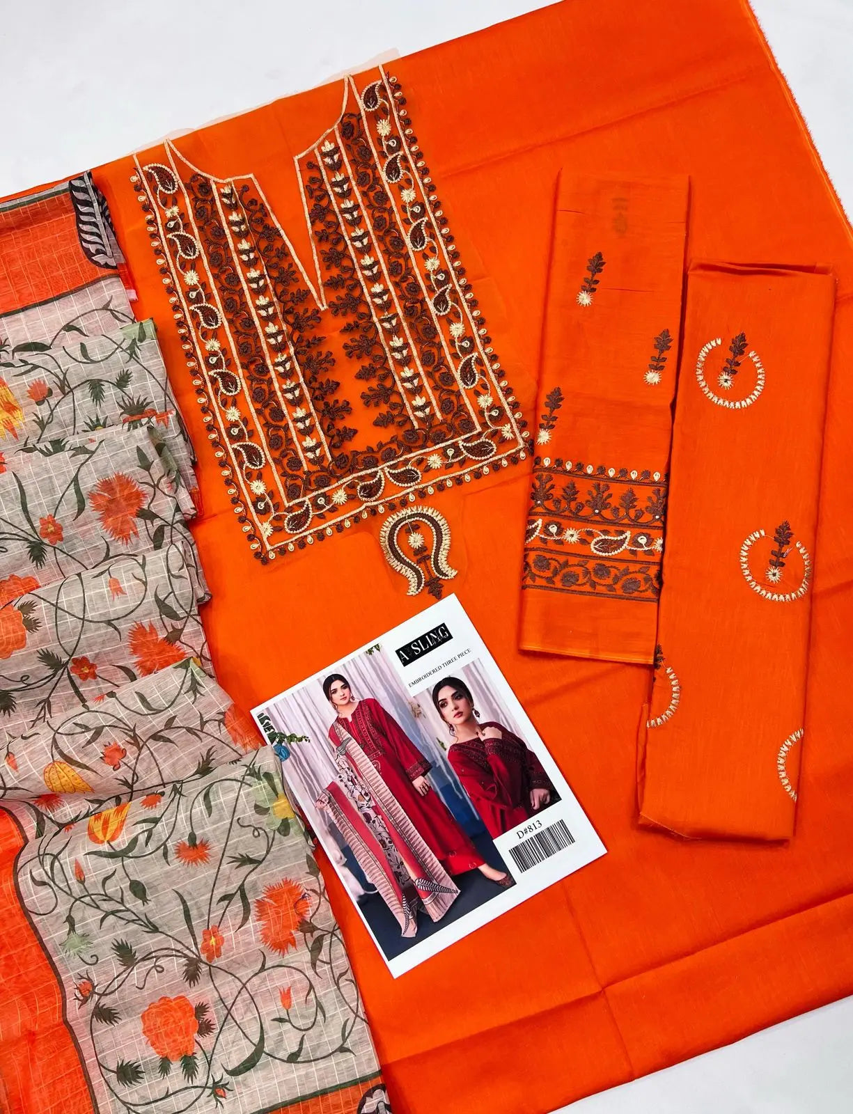 3 Pieces - Embroidered Lawn Suit - Orange KISWAH RETAILS