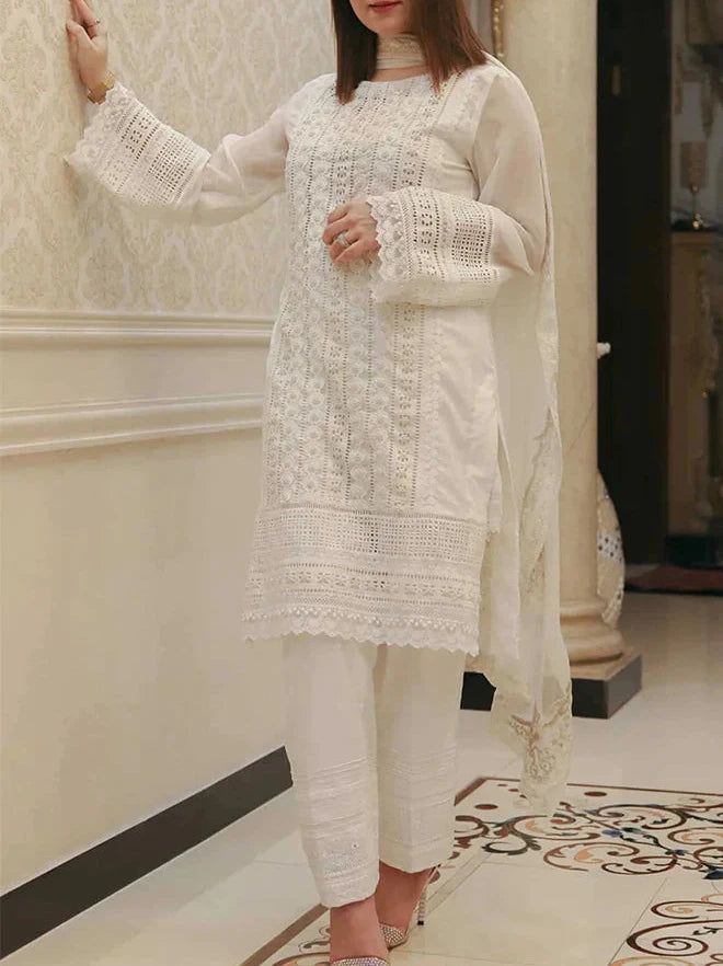 03 Piece - CHIKANKARI Lawn Suit - White KISWAH RETAILS
