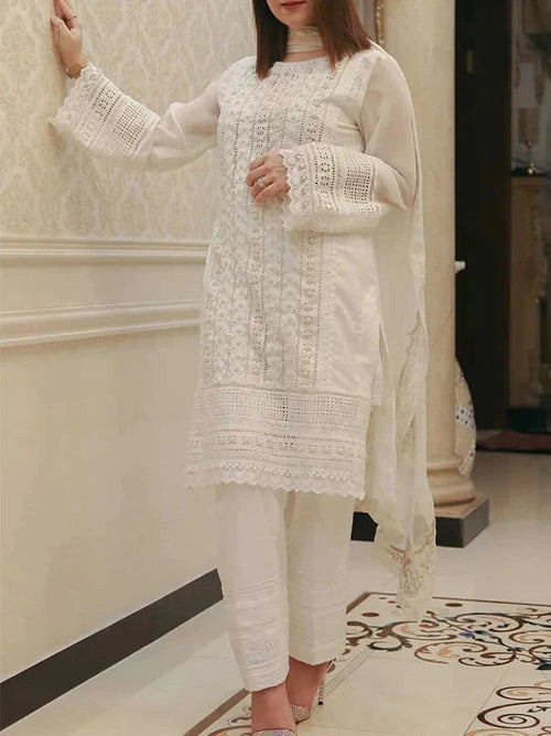 03 Piece - CHIKANKARI Lawn Suit - White KISWAH RETAILS
