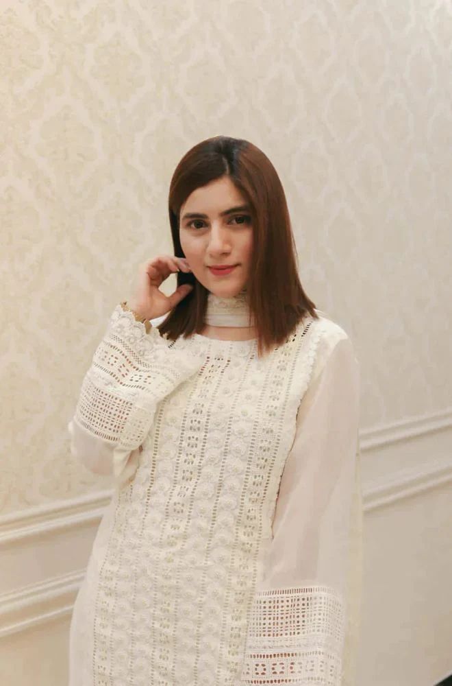 03 Piece - CHIKANKARI Lawn Suit - White KISWAH RETAILS