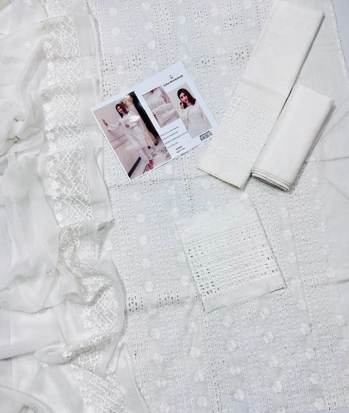 03 Piece - CHIKANKARI Lawn Suit - White KISWAH RETAILS