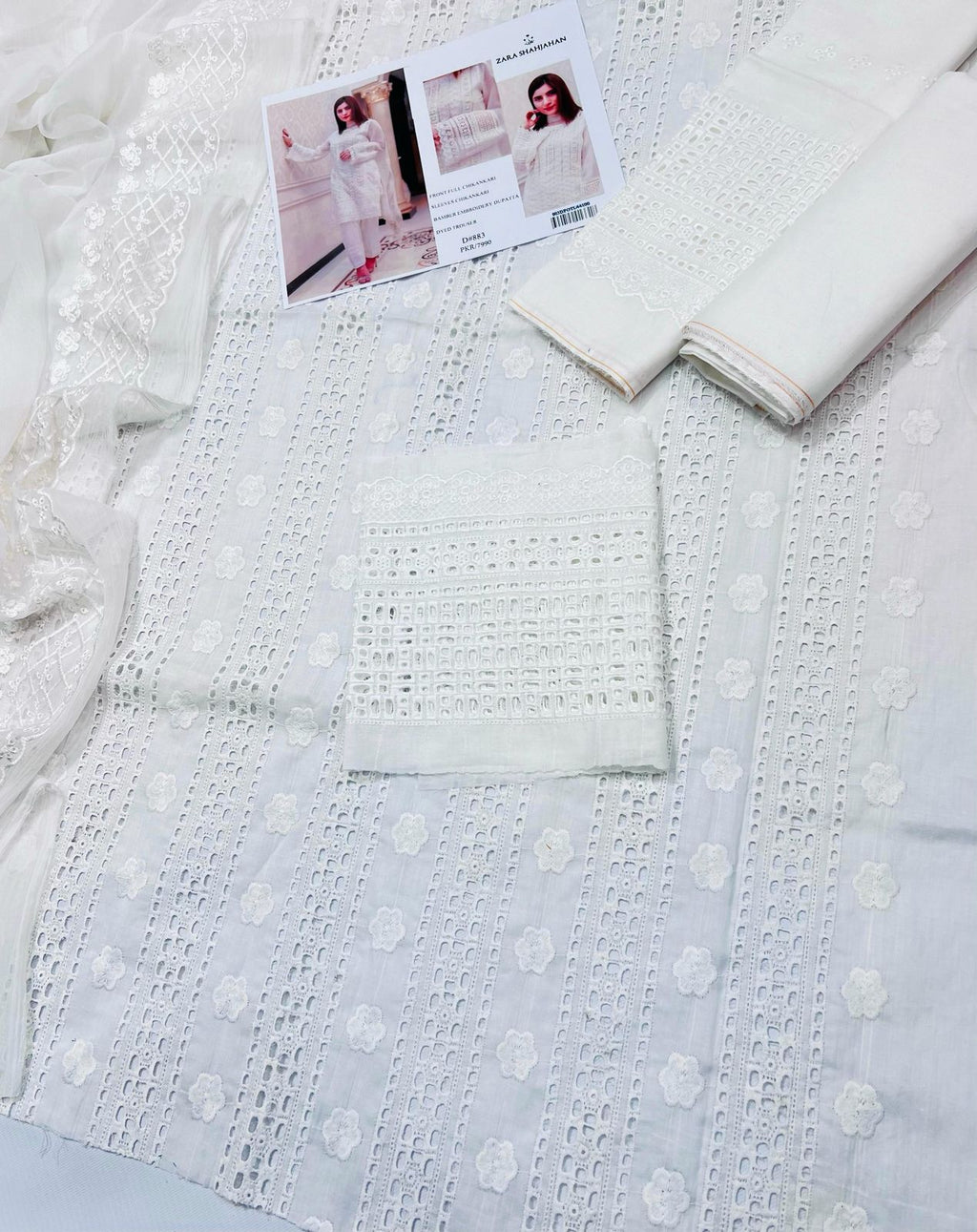 03 Piece - CHIKANKARI Lawn Suit - White KISWAH RETAILS