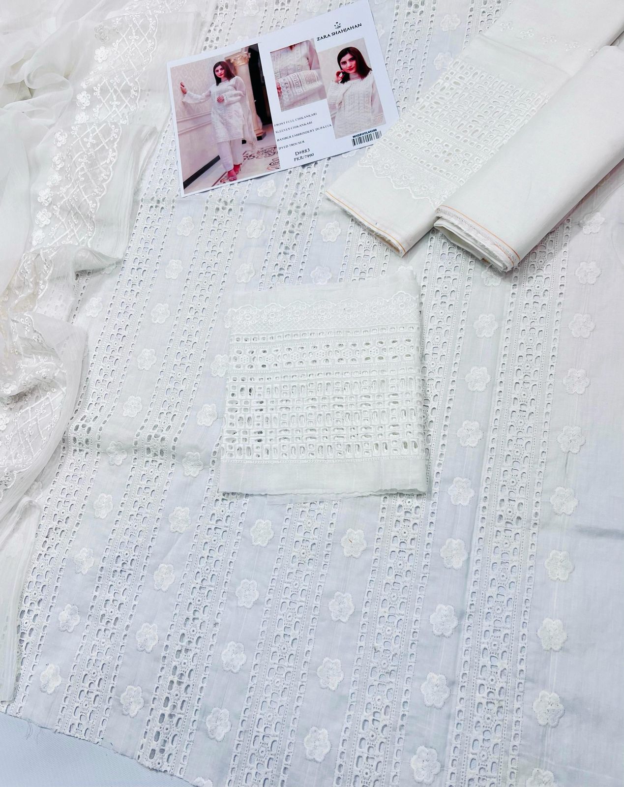 03 Piece - CHIKANKARI Lawn Suit - White KISWAH RETAILS