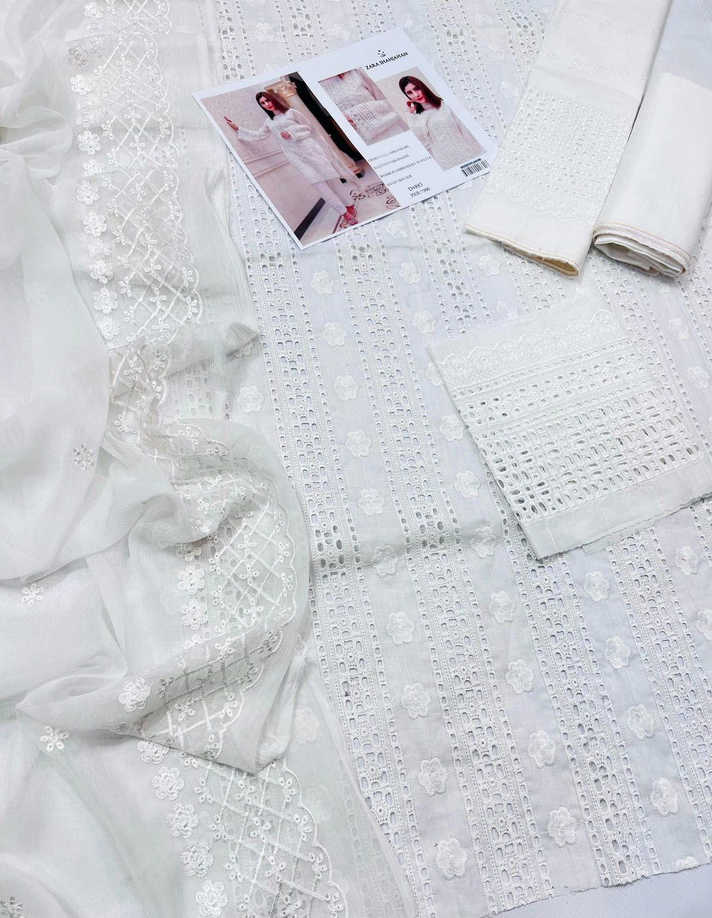 03 Piece - CHIKANKARI Lawn Suit - White KISWAH RETAILS