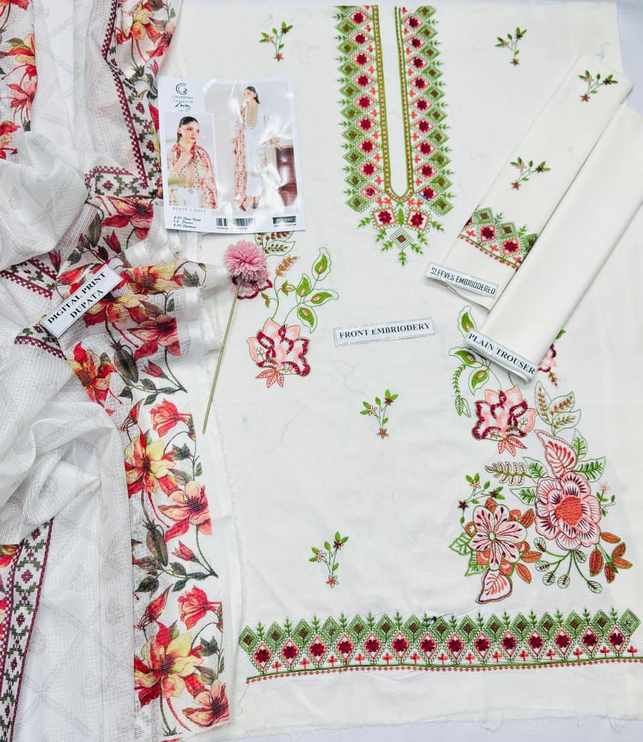 03 Piece - Embroidered Lawn Suit - Off White KISWAH RETAILS