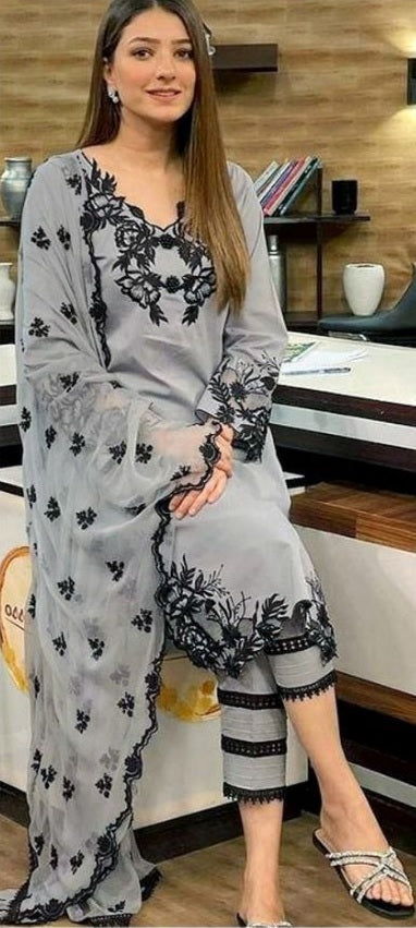 03 Piece - CHIKANKARI Lawn Suit - Green KISWAH RETAILS