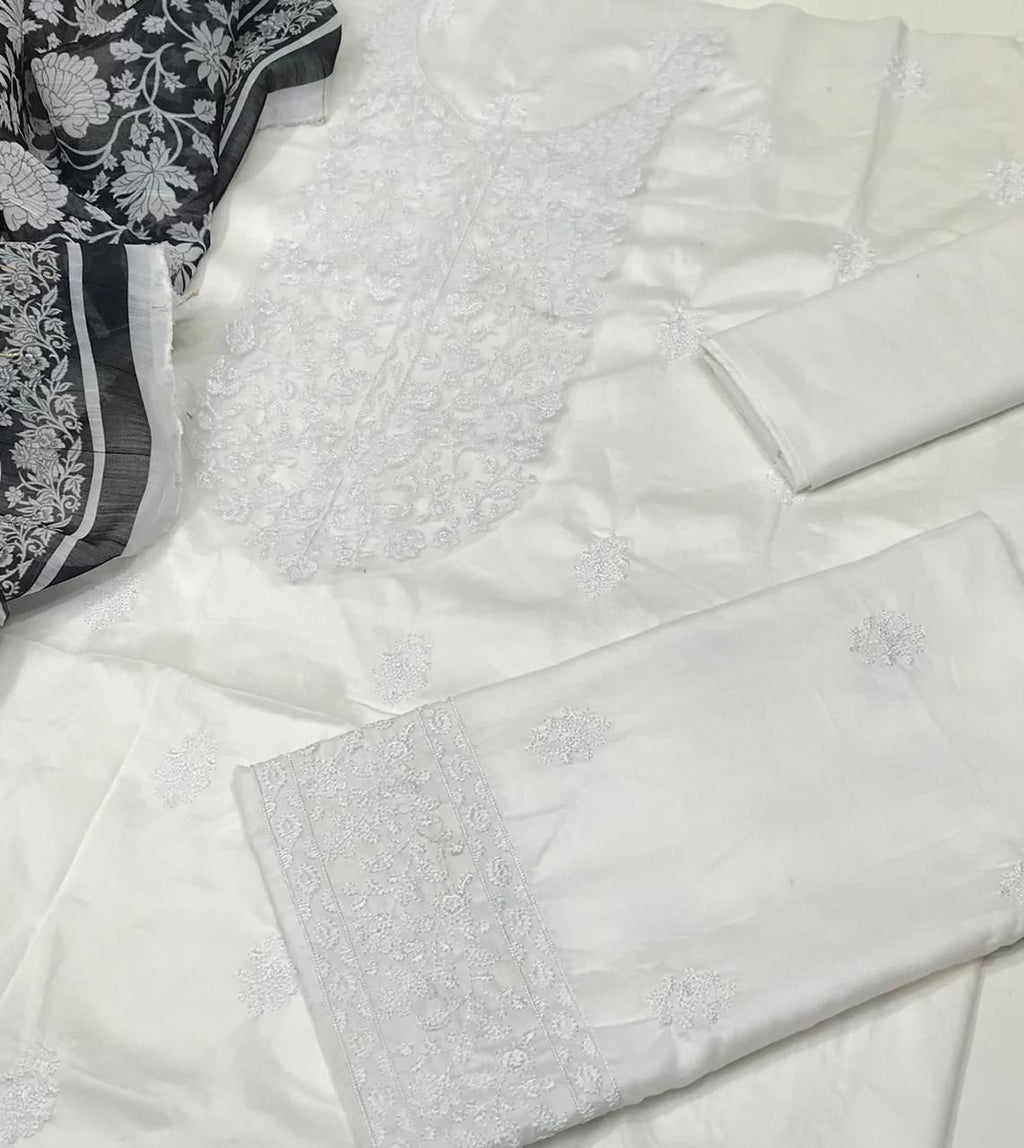 03 Piece - Embroidered Lawn Suit - White KISWAH RETAILS