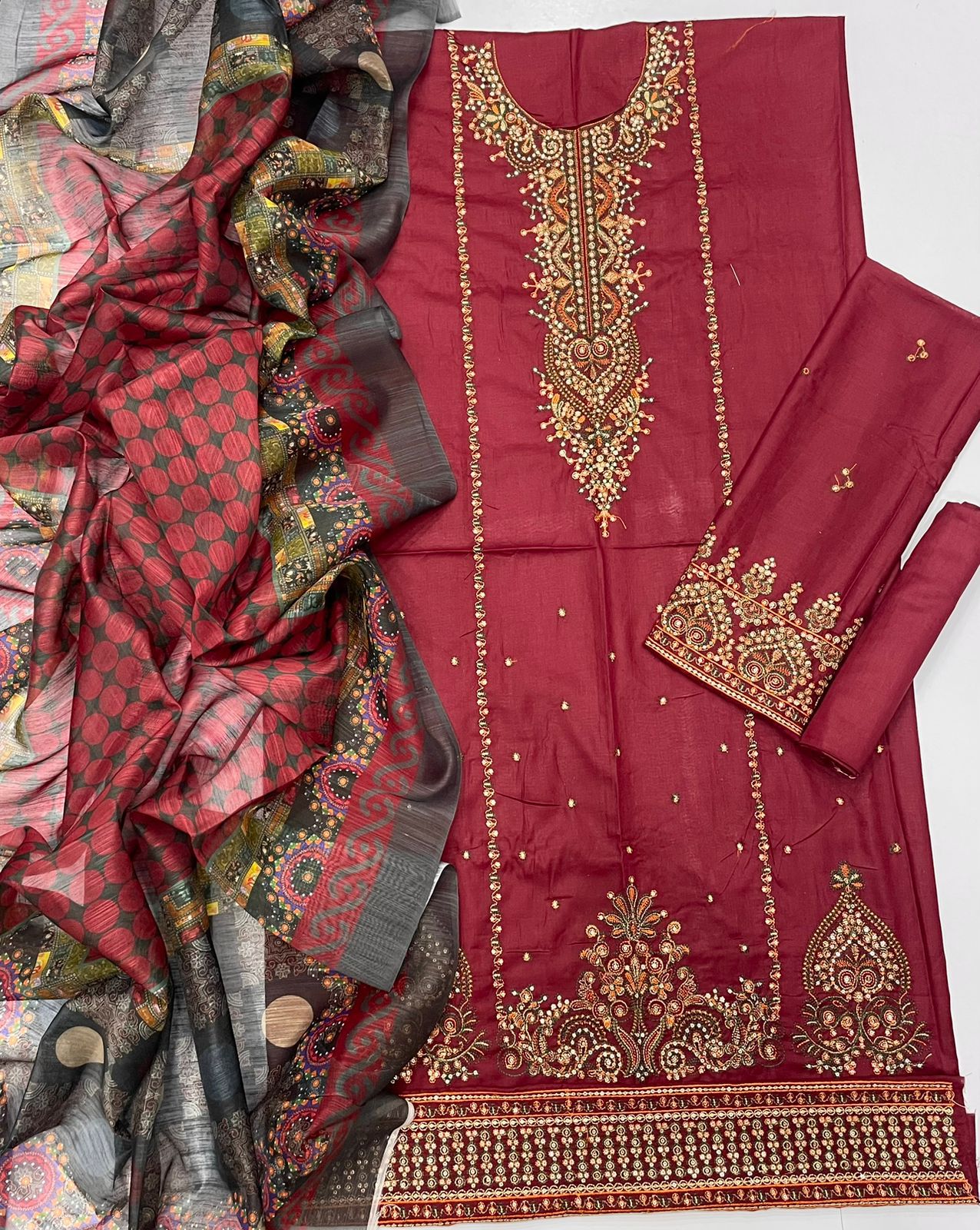 03 Piece - Embroidered Lawn Suit - Red KISWAH RETAILS