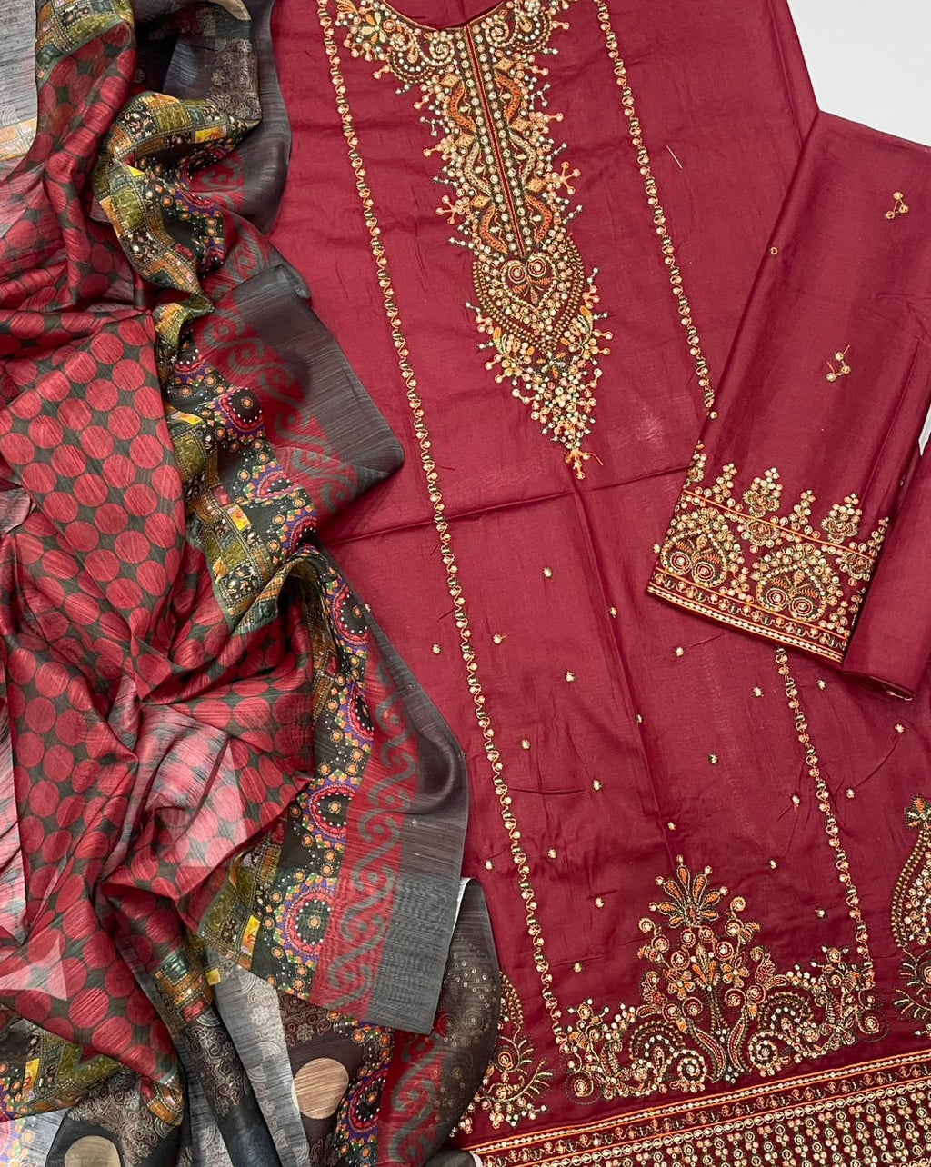 03 Piece - Embroidered Lawn Suit - Red KISWAH RETAILS