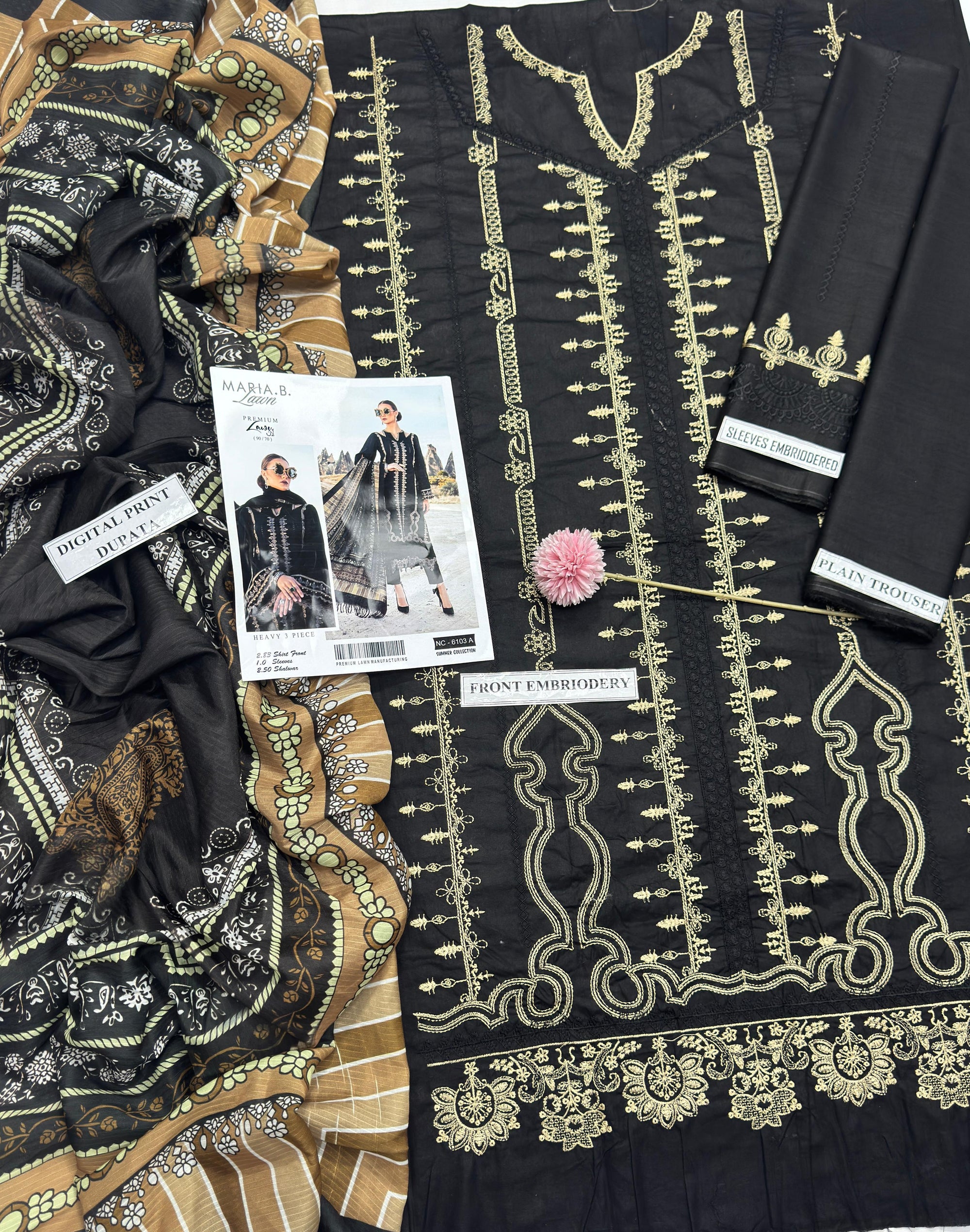 03 Piece - Unstitch Embroidered Lawn Suit - Black KISWAH RETAILS