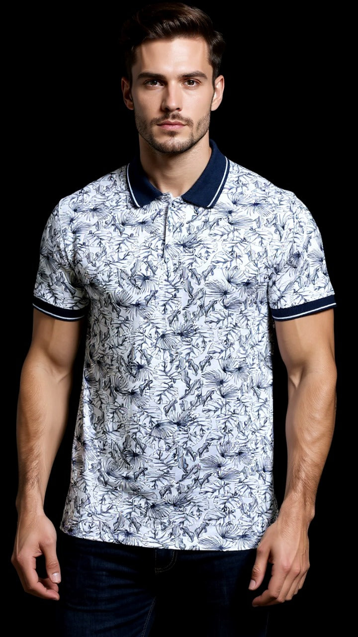 Polo Shirt - Blue Tropical Print KISWAH RETAILS