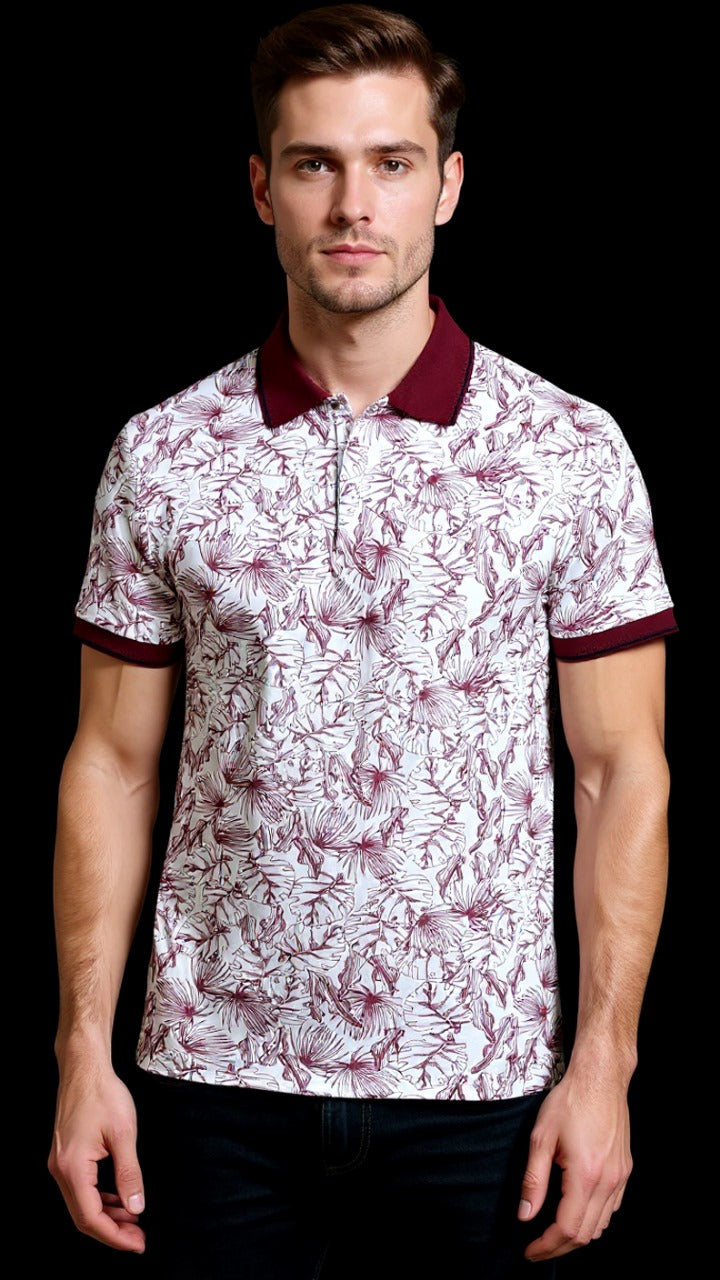 Polo Shirt - Red Tropical Print KISWAH RETAILS