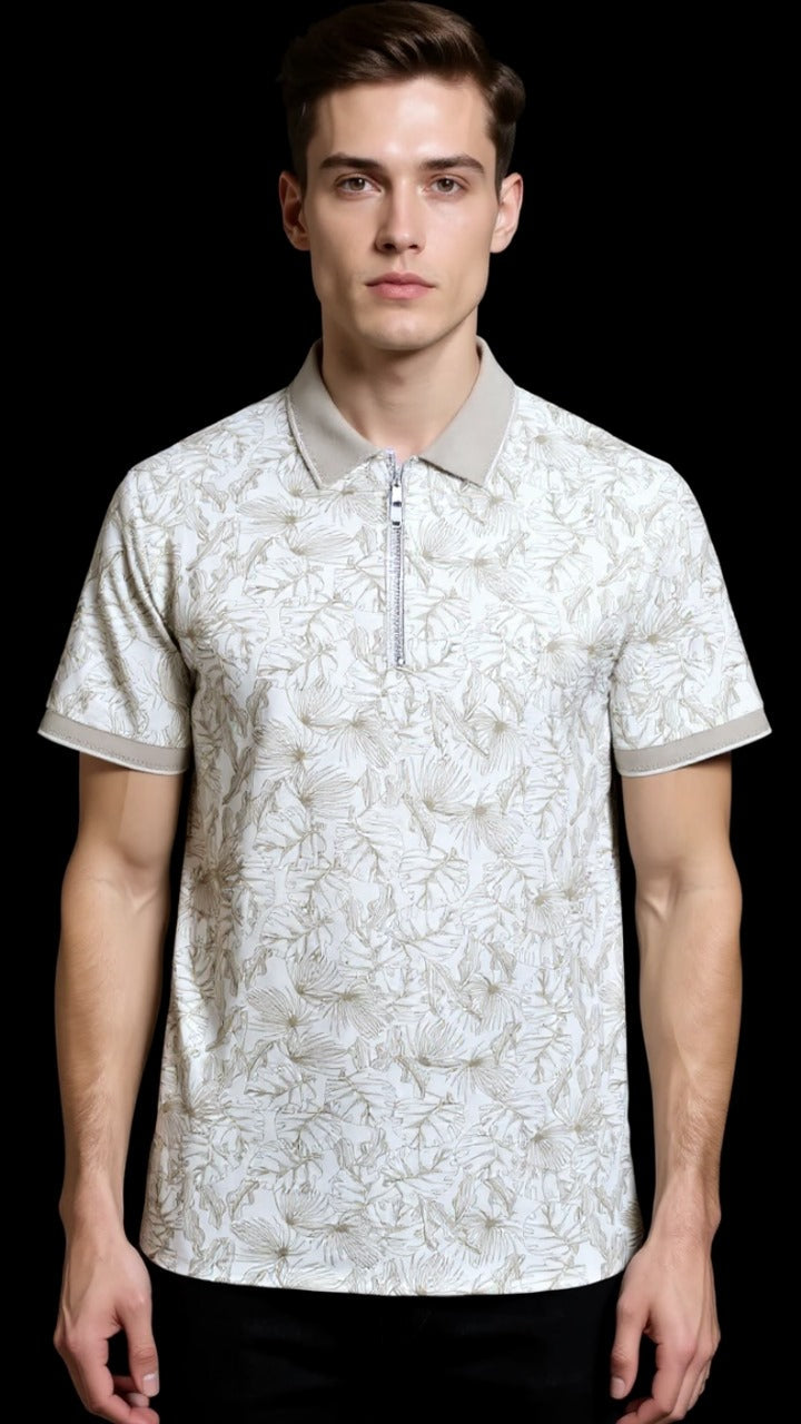Polo Shirt - Beige Tropical Print KISWAH RETAILS