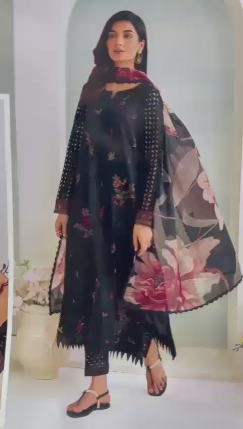 03 Piece - Embroidered Lawn Suit - Black Print