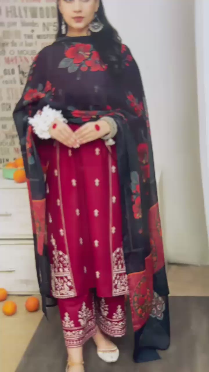 3 Pieces - Embroidered Cotton Suit - Red