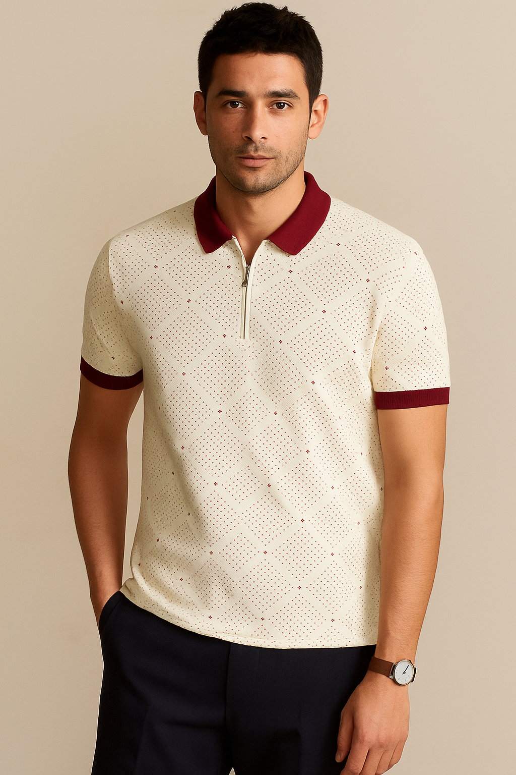 Polo Shirt - Red POLKA Dot Printed KISWAH RETAILS